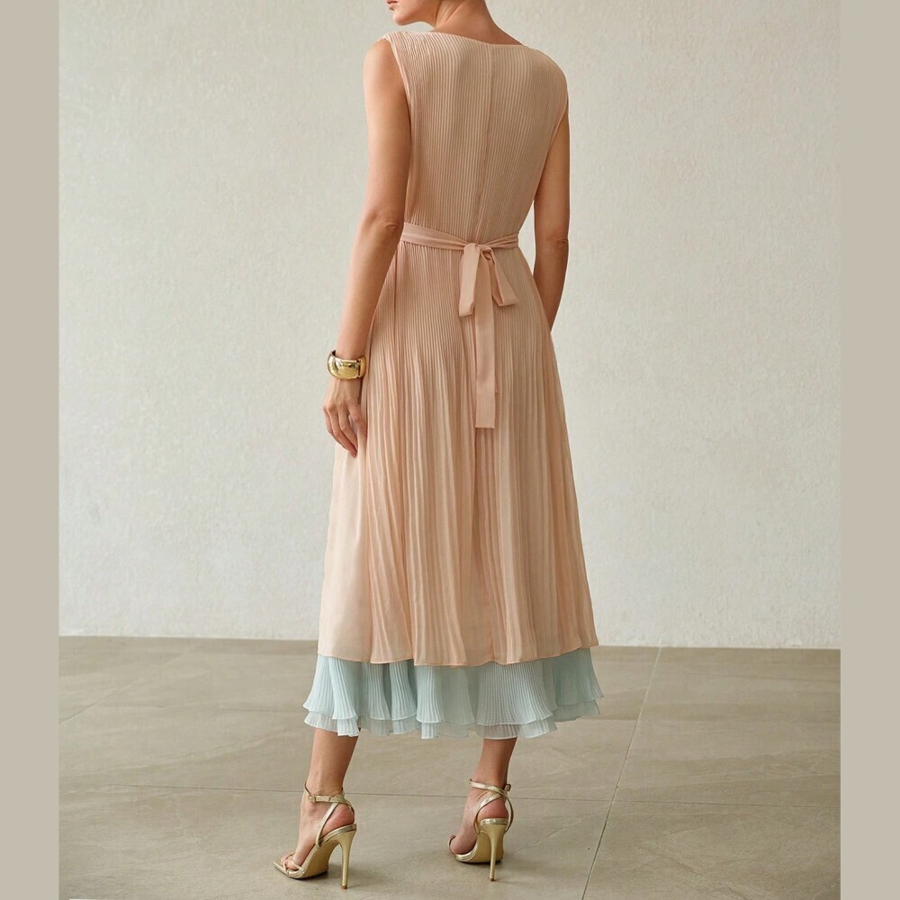 Ivory Pleated Midi Dress with Contrast Ruffle Hem - Picture 4 of 7